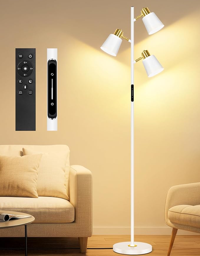 OUTON Tree Floor Lamp, LED Dimmable Floor Lamp with Remote and Touch Slide Control, 4 Color Temperatures, 3 Rotatable Lights, Modern Standing Lamp for Living Room Bedroom Office,White & Gold