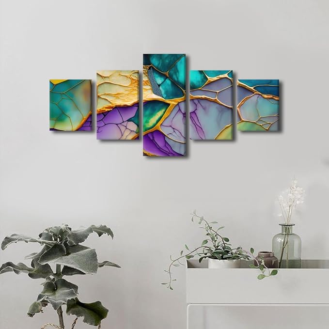Canvas Wall Art Abstract Canvas Wall Decor Modern Native Americans Home Wall Art 5 Panel Multi Color Marble Art Poster for Men Lady Living Room Decor Stretched and Framed Ready to Hang 50x24 in