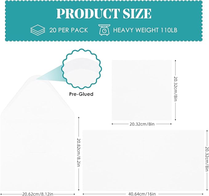 8X8 Inch White Blank Square Cards and Envelopes Pre-Fold Blank Cardstock 300GSM 100lb Plain Greeting Cards for Card Making Photo Card