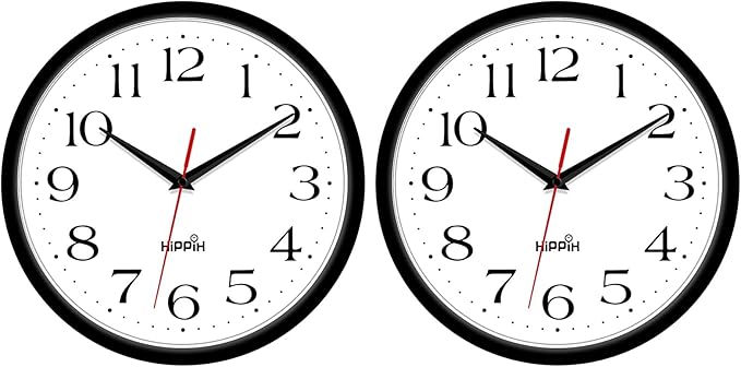 HIPPIH 2 Pack Silent Wall Clock, 10 Inch Non Ticking Quiet Digital Sweep Decorative Battery Operated Wall Clocks for Living Room Bedroom Kitchen School Office Decor, Black