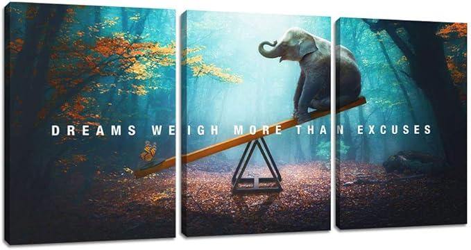 Unbruvo Elephant Wall Art for Office, Motivational Inspirational Canvas Wall Art, 3 Pieces Elephant Painting Prints Wall Decor for Living Room Bedroom Classroom Dorm(60”Wx28”H)