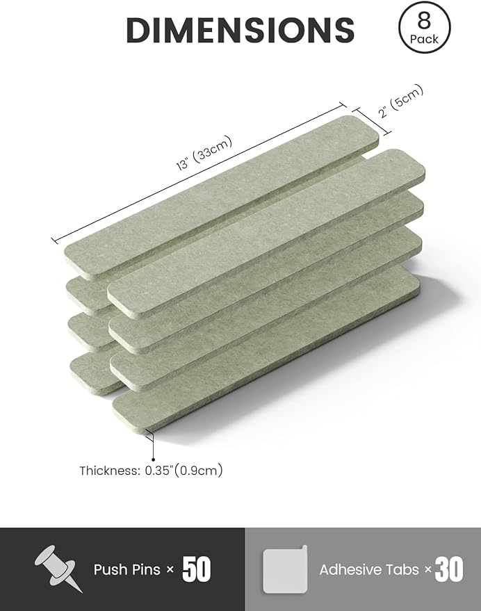 Fluxynara Cork Board Alternative Felt Strip Board 8-Pack 13"x2", Office Pin Board with 50 Push Pins, Adhesive Install for Bedroom Door & Home Office(Sage)