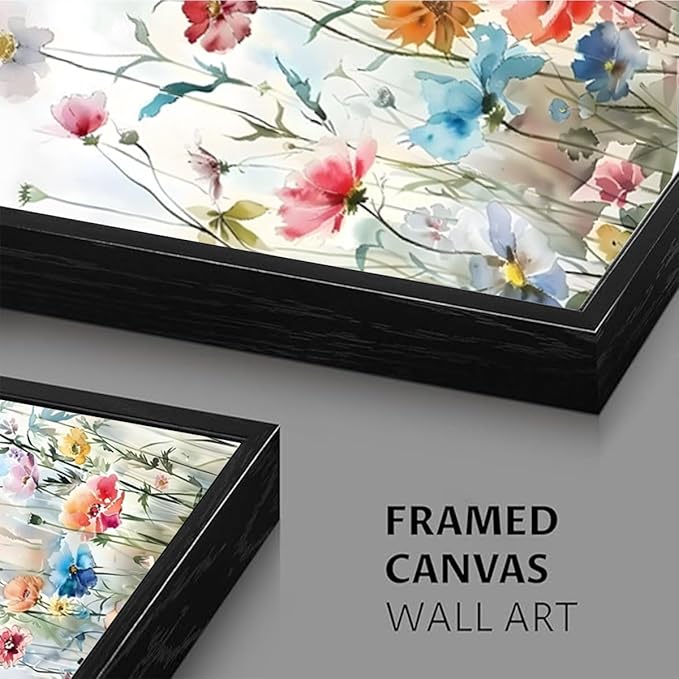 KISSFOX Framed Colorful Wildflower Canvas Wall Art Set Of 3 Flowers Pictures Prints Flowers Printing Floral Watercolors Flower wall Decor Living Room Girls Bedroom Bathroom