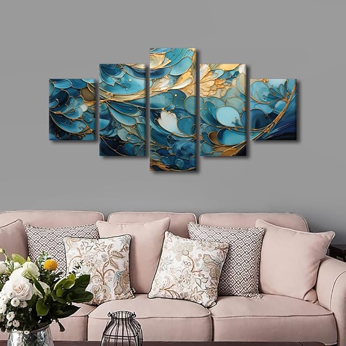 Abstract Canvas Wall Art Modern Marble Artwork Wall Art Decor Blue and Gold Abstract Pattern Printing 5 Panel Canvas Poster for Men Lady Bedroom Decor Stretched and Framed Ready to Hang 60x32 in