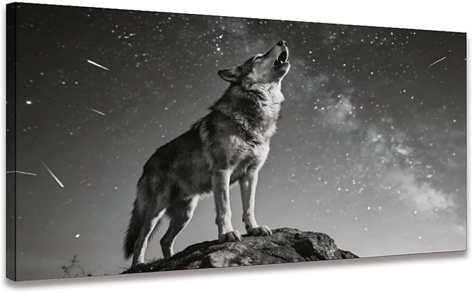 Black White Wolf Framed Canvas Wall Art for Bedroom, Nature Animal Wall Decor 48" L x 24" W