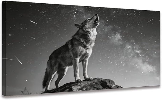 Black White Wolf Framed Canvas Wall Art for Bedroom, Nature Animal Wall Decor 24" L x 12" W