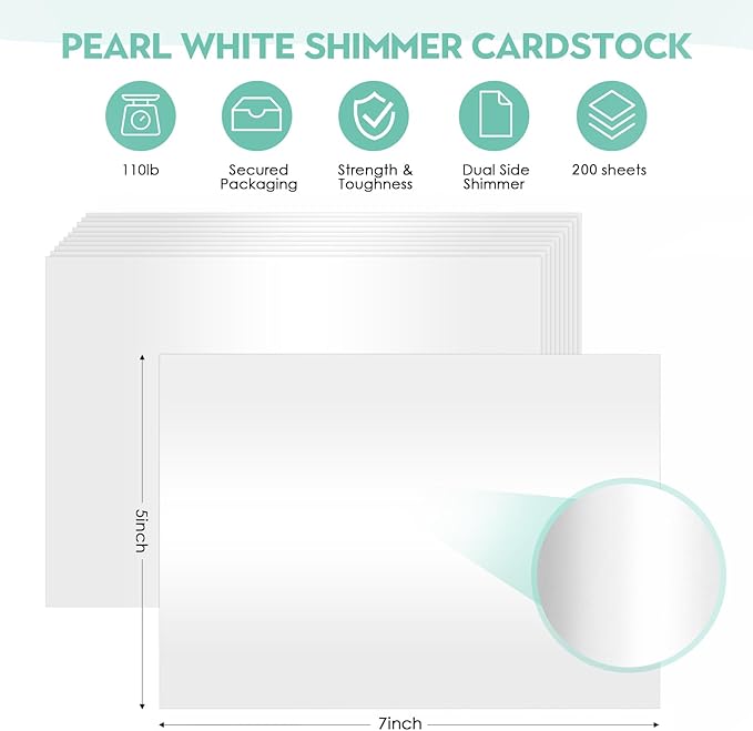 200 Sheets 5X7 Blank White Shimmer Card Stock Printer Paper 100 lb Pearle White Index Cards Flat 300 gsm for Invitations, Postcard,Photo Paper,Card Making