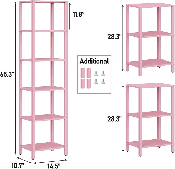 TUTOTAK Bookshelf, 6-Tier Tall Book Shelf, Narrow Bookcase for Small Space, DIY Stackable Bookshelf, for Living Room, Office, Study, Entryway, Industrial, Pink BS01BP006
