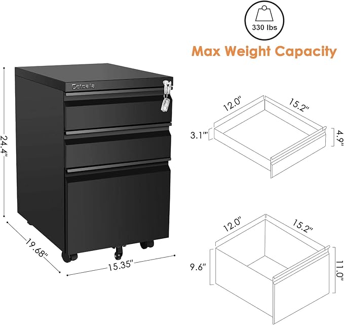 Rolling 3 Drawer File Cabinet with Lock, Black