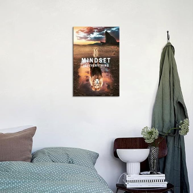 Inspirational Canvas Wall Art Painting Small Cat and Big Lions Mindset is Everything Animal Poster Prints Pictures Artwork Home Decor Office Framed Ready to Hang[12" W X 18" H]