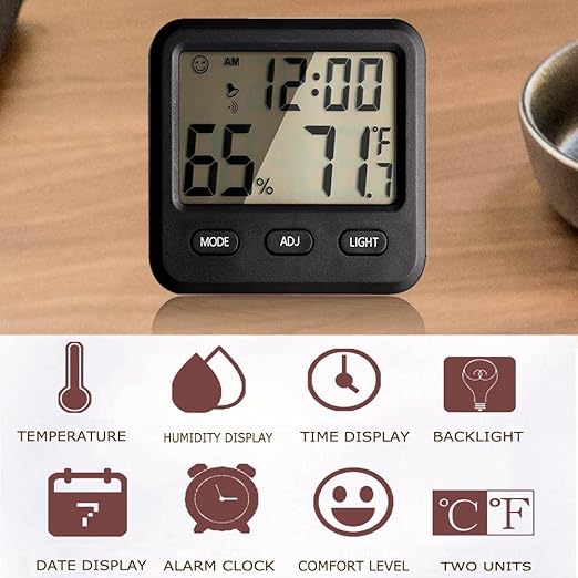 Digital Hygrometer Indoor Thermometer, Temperature Humidity Gauge with Desk Clocks for Bedroom and Office,Backlit Accurate Monitor Clear Reading, Time Display for Home Greenhouse Thermometer