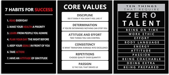 Inspirational Canvas Wall Art 3 Pieces Core Values Poster Motivational Ten Things That Require Zero Talent Canvas Artwork Picture Print Framed for Home Office Living Room Gym Wall Decor [36''Wx 16''H]