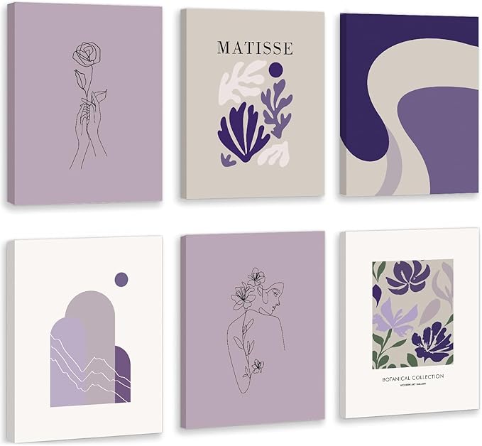 CHDITB Matisse Theme Wall Decor Purple Flowers Canvas Prints Minimalist Floral Framed Set of 6(12”X16”)Matisse Wall Art Posters Abstract Matisse Botanical Decor for Living Room Dress Room Girls Room