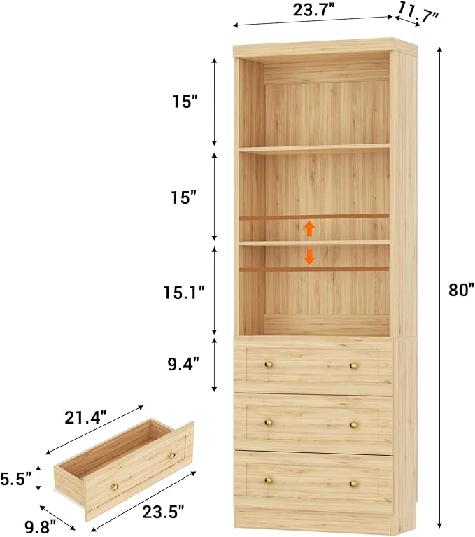 Cyclysio 80" Bookshelf with 3 Drawers, Tall Bookcase with Thickened Top Panel and 3-Tier Open Shelves, Tall Storage Cabinet for Home Office, Living Room, Natural, Set of 2