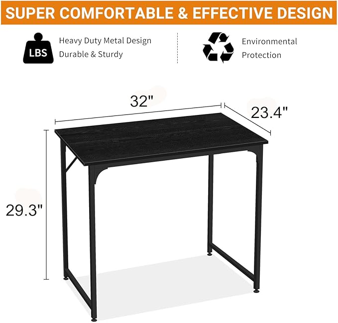 BLKMTY 32" Computer Desk, Home Office Writing Desk Wood PC Study Table Work Desks Modern Simple Style Laptop Table with Metal Frame and Smooth Tabletop for Workstation Bedroom, Black