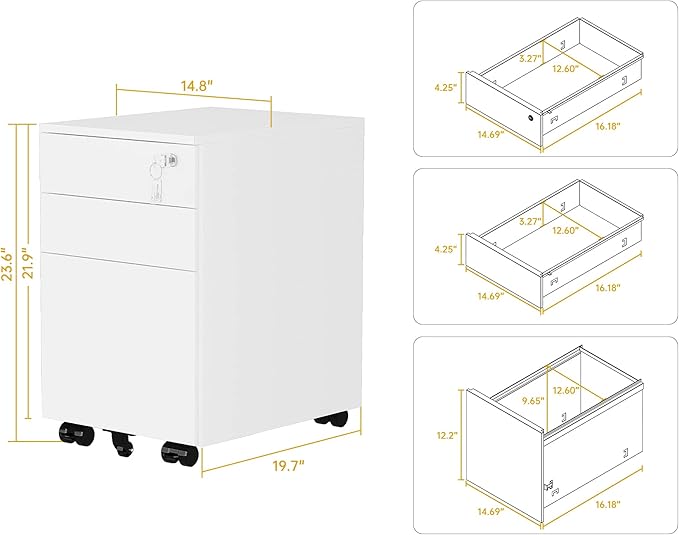 3 Drawer Locking Mobile Metal Storage, File Cabinet for Home or Office, Assembled (Except Casters), White