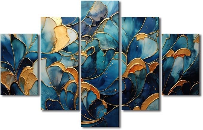 Canvas Wall Art Decor Modern Abstract Canvas Wall Art Abstract Flower Wall Art Blue and Gold Marble Poster Prints 5 Panel Canvas Art for Bedroom Decor Stretched and Framed Ready to Hang 60x40 in