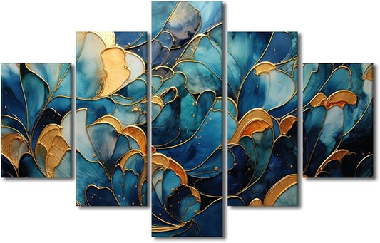 Canvas Wall Art Decor Modern Abstract Canvas Wall Art Abstract Flower Wall Art Blue and Gold Marble Poster Prints 5 Panel Canvas Art for Bedroom Decor Stretched and Framed Ready to Hang 60x40 in