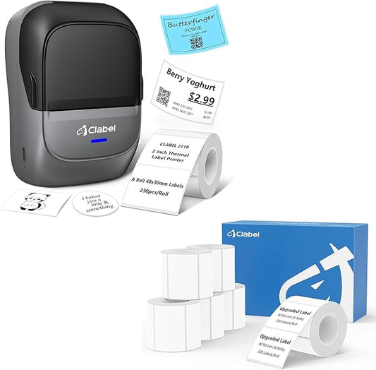 CLABEL Label Maker Machine with Tape 221B Inkless Label Printer Handheld Barcode Printer Compatible with Phone & PC for Retail School Office Organization Label Makers with APP Gray