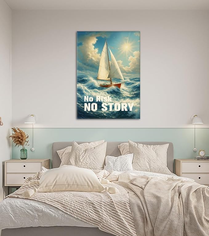Inspirational Sailboat Wall Art - Ocean Landscape Canvas Print with No Risk No Story Inspiring Quotes, Motivational Wall Decor Modern Entrepreneurs Artwork for Office Gym Home, Framed 24"x36"