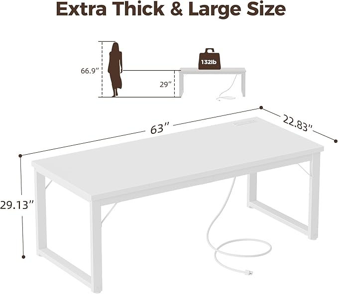 Mericonia 63 Inch Large Computer Desk with Power Outlets, 1.2" Thick Heavy Duty Industrial Office Desk, Modern Simple Study Writing Table for Home Office Bedroom Workstation, White