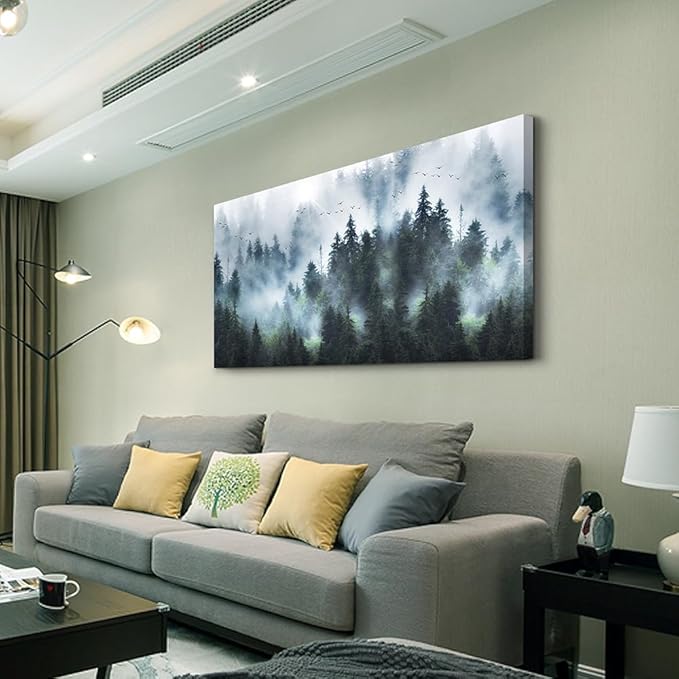 Wapluam Large Canvas Wall Art for Living Room, Office, Bedroom - Foggy Forest Landscape - Framed Canvas Prints - Modern Wall Painting - 30"X60"