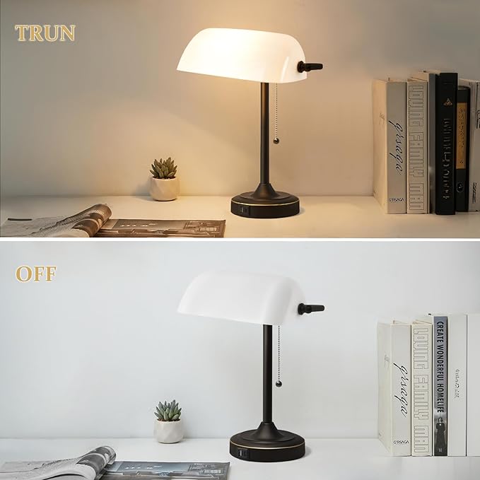 Vintage Desk Lamp Bankers Lamp - Plastic Lampshade Black Retro Table Lamp with USB & Type C Charging Ports Traditional Library Lamp for Home Office Nightstand Bedroom Side Table Lamp-Bulb Included