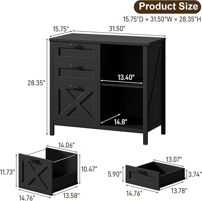 Farmhouse Lateral Filing Cabinet with 3 Drawers and Open Shelf, Lateral File Cabinet with with File Drawer for Letter/A4 Hanging File, Large Printer Stand for Home Office, Living Room, Rustic Black