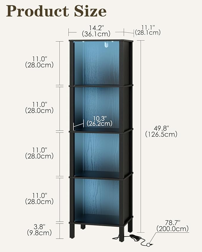 Bookshelf with LED Lights, Modern 4-Tier Bookcase, Open Storage Book Shelf, 11 × 14.2 × 50.4 Inches, Small Narrow Bookshelves for Living Room, Home Office, Bedroom, Black