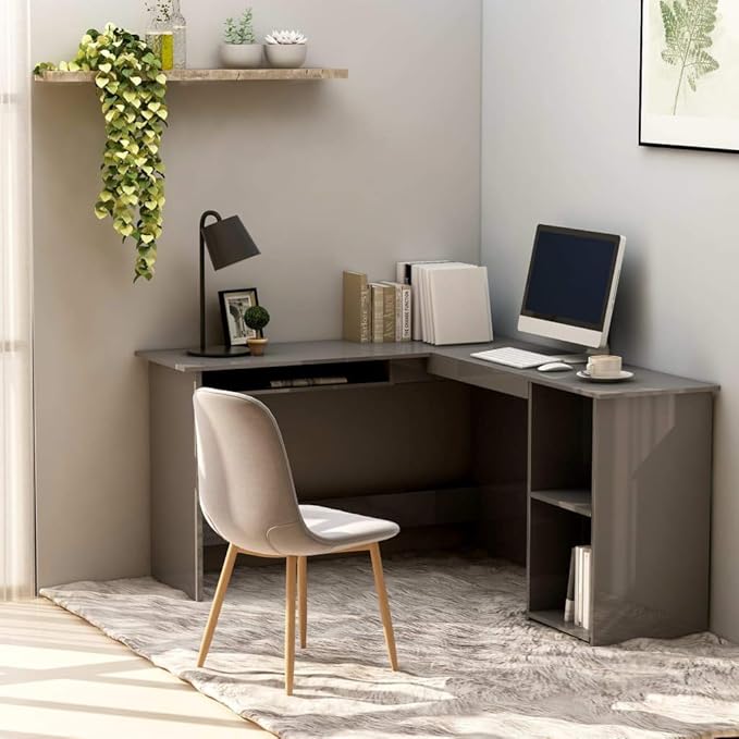 L-Shaped Corner Desk with 2 Open Shelves,Modern Writing Computer Desk, Home Office Desk Writing Study Table PC Desk Workstation, High Gloss Gray 47.2"x55.1"x29.5" Engineered Wood(C)