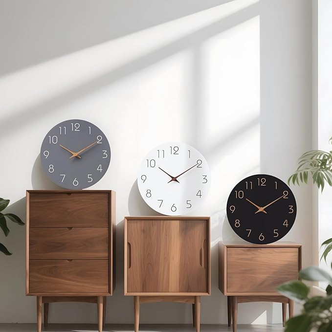Mosewa Wall Clock 12 Inch Gray Silent Non Ticking Battery Operated Modern Simple Clock Decorative for Kitchen Home Bedroom Bathroom Office Living Room