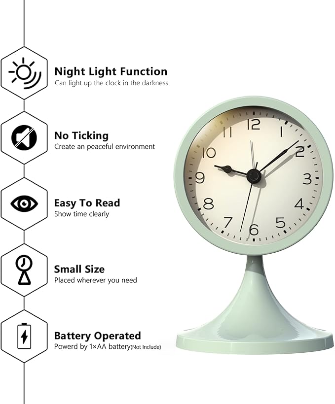 AYRELY® 3" Cute Analog Alarm Clock,Small Retro Table Clock Battery Operated,Slient Metal Desk Clock with Light for Living Room Decor,Bedroom,Bedside,Shelf（Green）