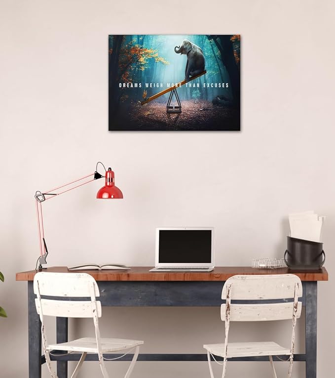 Wall Art Dreams Weigh More Than Excuses Painting on Canvas Inspirational Picture Motivational Quotes Poster Elephant and Butterfly Prints for Home Decor Living Room, Framed 12" H x 16" W