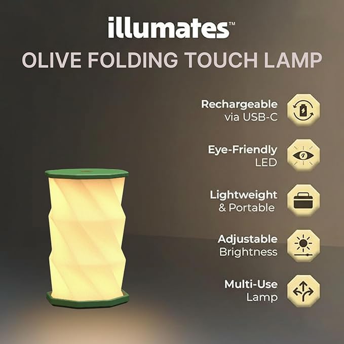 Origami Expanding Foldable LED Desk Lamp – USB Rechargeable & Portable - Dimmable Touch Control Light with Adjustable Height up to 5 1/2 for Office, Travel, Bedside - Sleek & Modern Design (Olive)