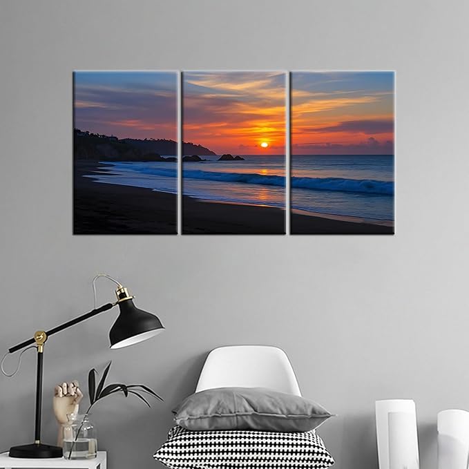 Beach Scenery Canvas Wall Art Nature Landscape Pictures Painting Sandy Beach at Dusk Posters Print Artwork for Home Bedroom Office Gallery Wall Decoration Stretched and Framed [48''Wx24''H]