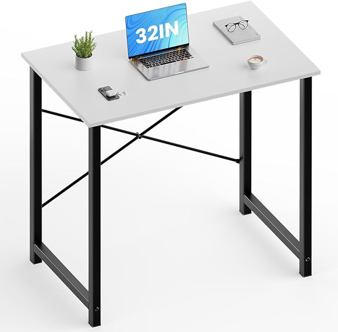 OLIXIS 32 Inch Small Computer Work Desk with X-Shaped Reinforcement, Gaming Study Writing Table for Home Office Small Space, Metal Frame, Black&White