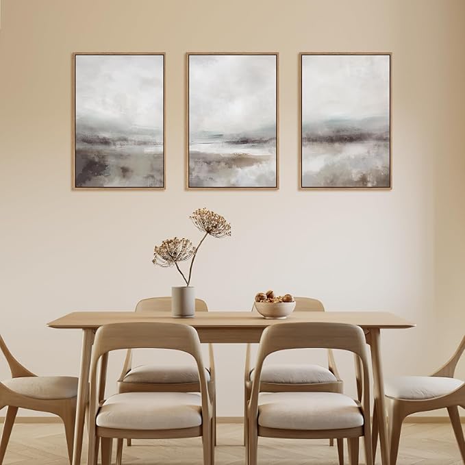HLNIUC Large Abstract Neutral 3 Piece Wall Art Framed, Gray Lake Landscape Canvas Decor(16x24), Watercolor Smoky Mountain Wall Painting, Modern Minimalist Art Prints for Living Room, Bedroom, Office