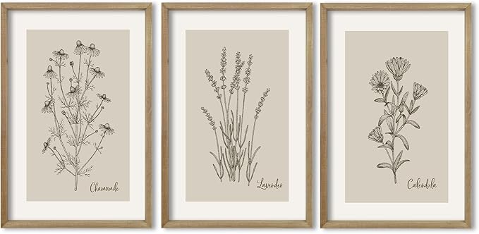 TQianJiang Vintage Botanical Wall Art 24"x16" Set Of 3 Wood Framed Wildflower Pictures Wall Decor for Bedroom Minimalist Wall Hanging (Wood)