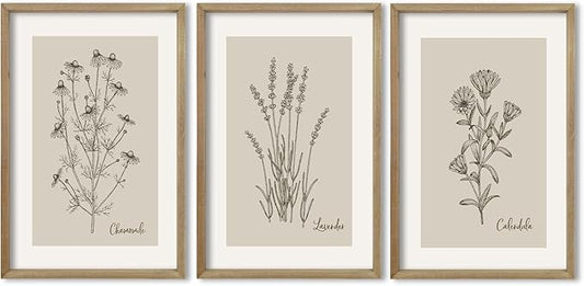 TQianJiang Vintage Botanical Wall Art 24"x16" Set Of 3 Wood Framed Wildflower Pictures Wall Decor for Bedroom Minimalist Wall Hanging (Wood)