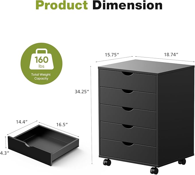 NEWBULIG 5 Drawers File Cabinet Under Desk Storage with Wheels Small Rolling Office Filing Cabinets Chest of Dawers for Home Office Black