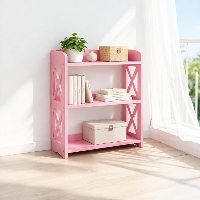 Narrow Bookcase by Natural Wood, 3 Tier Bookshelf, Small Book Shelves Freestanding Display Storage Shelves. Open Bookshelf for Bedroom, Living Room and Office (Pink, 3 Tier)