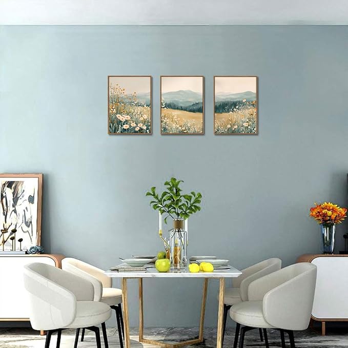 KISSFOX 3 Piece Framed Wildflower Wall Art Floral Wall Decor Landscape Flower Pictures Mountain Canvas Art Daisy Paintings Farmhouse Artwork For Bedroom Bathroom Living Room