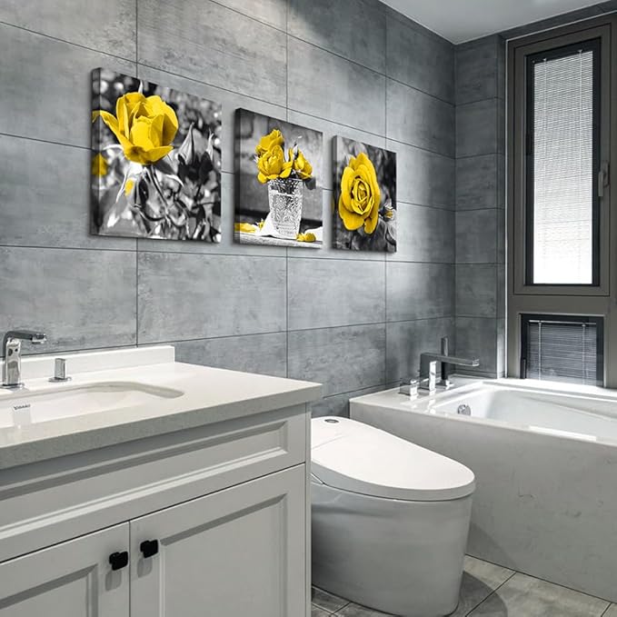 DZRWUBHS Canvas Wall Art - Modern Decor For Bedroom, Living Room, Kitchen, Bathroom - Black And White Wall Pictures - Yellow Rose Flowers - Girls Room Artwork
