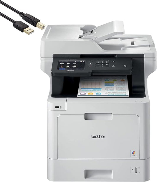 Brother MFC-L8900CDWA Wireless All-in-One Color Laser Printer for Office, Green - Print Copy Scan Fax - 33 ppm, 2400 x 600 dpi, 5" Touchscreen LED, Auto Duplex Printing, 70-Sheet ADF, Printer Cable
