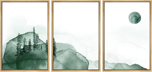 SIGNWIN 3 Piece Framed Canvas Wall Art Green Watercolor Landscape with Moon Nature Wilderness Illustrations Abstract Traditional Home Artwork Decoration for Living Room,Bedroom - 16"x24"x3 Natural