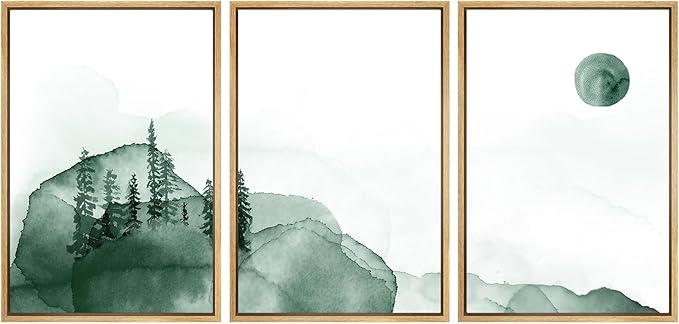 SIGNWIN 3 Piece Framed Canvas Wall Art Green Watercolor Landscape with Moon Nature Wilderness Illustrations Abstract Traditional Home Artwork Decoration for Living Room,Bedroom - 24"x36"x3 Natural