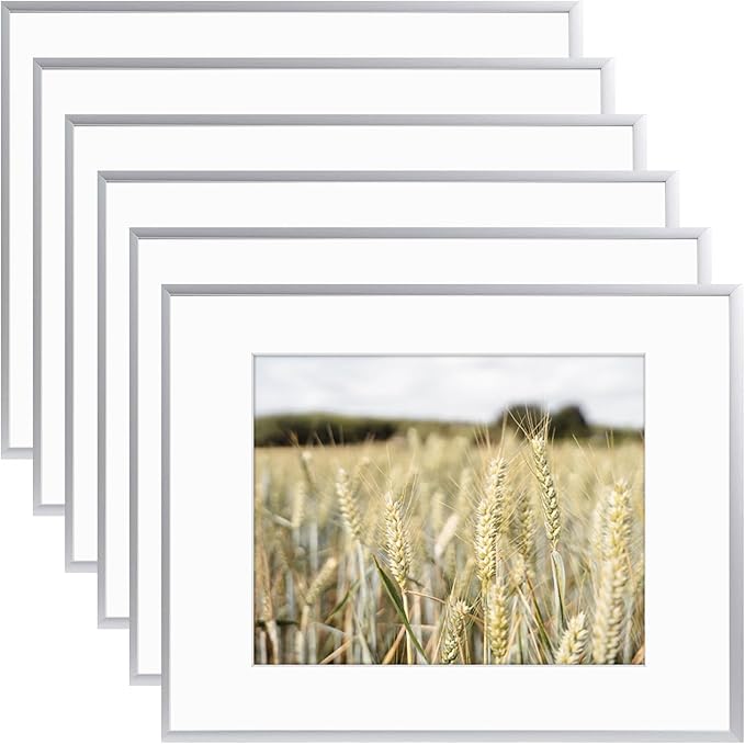 Golden State Art, Gallery Wall Frame Set of 6 - Silver 12x16 Aluminum Photo Frames with Mat for 8.5x11 Pictures - 12 x 16 inch Metal Frame with Real Glass Cover - Elegant Home or Office Decor