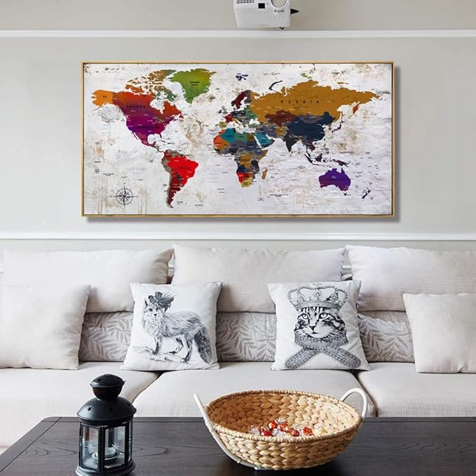 Framed wall art World Map Wall Art Canvas Picture 20inx40in Large Antiqued Map of The World Canvas Painting Artwork Prints for Office Wall Decor Home Living Room Decorations Framed Ready to Hang