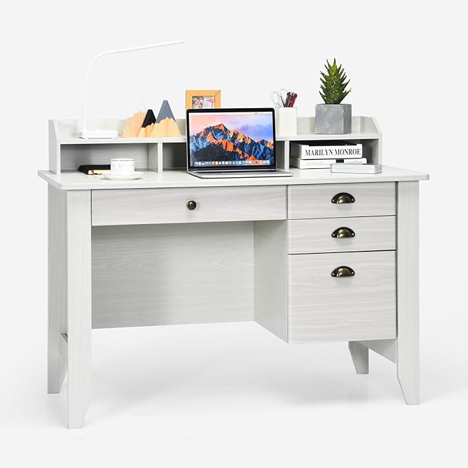 Safeplus 48" Computer Desk with 4 Storage Drawers and Hutch Wood Executive Table for PC Laptop
