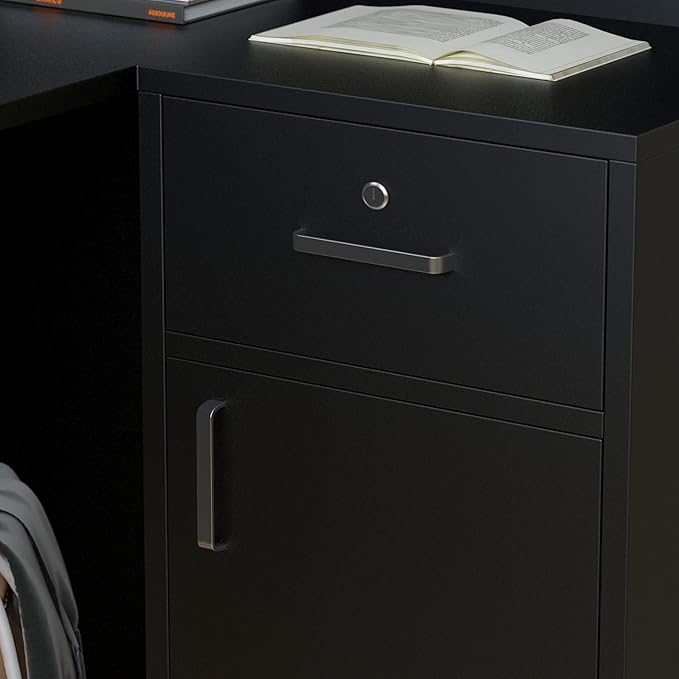 Homsee Reception Desk L-Shaped Office Desk with Counter, 1 Door Storage Cabinet, 1 Lockable Drawer, Hutch Shelf and Keyboard Tray, Black